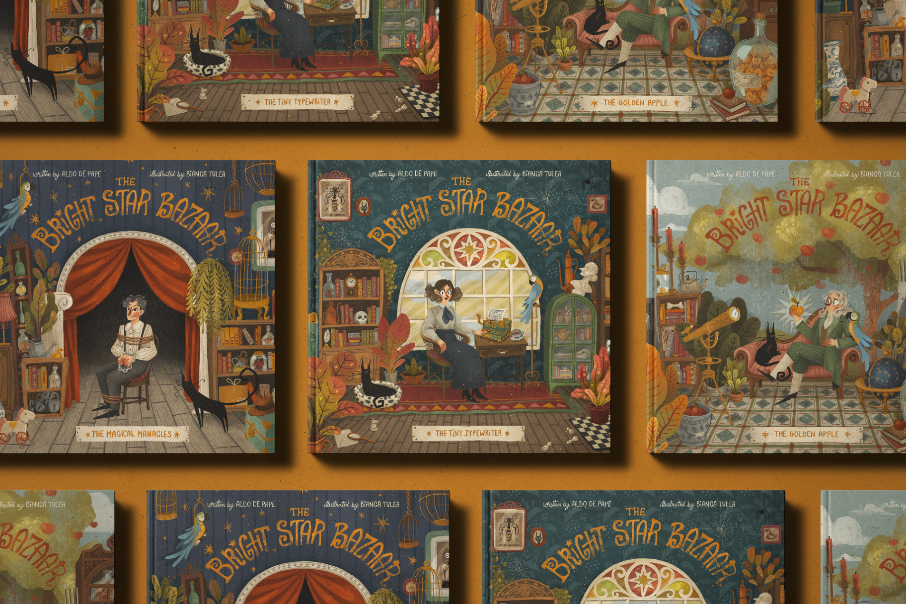 The three Bright Star Bazaar hardcovers — The Magical Manacles, The Tiny Typewriter, and The Golden Apple — laid out together