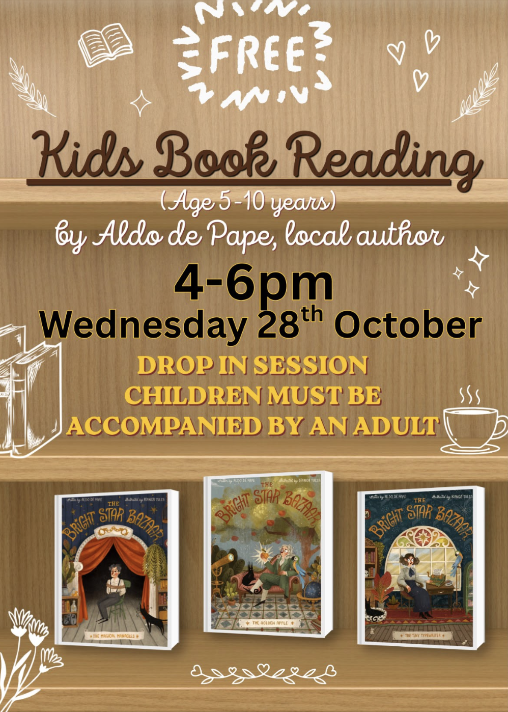 Poster for the free kids book reading by Aldo de Pape at Inchgarth Community Centre, Aberdeen