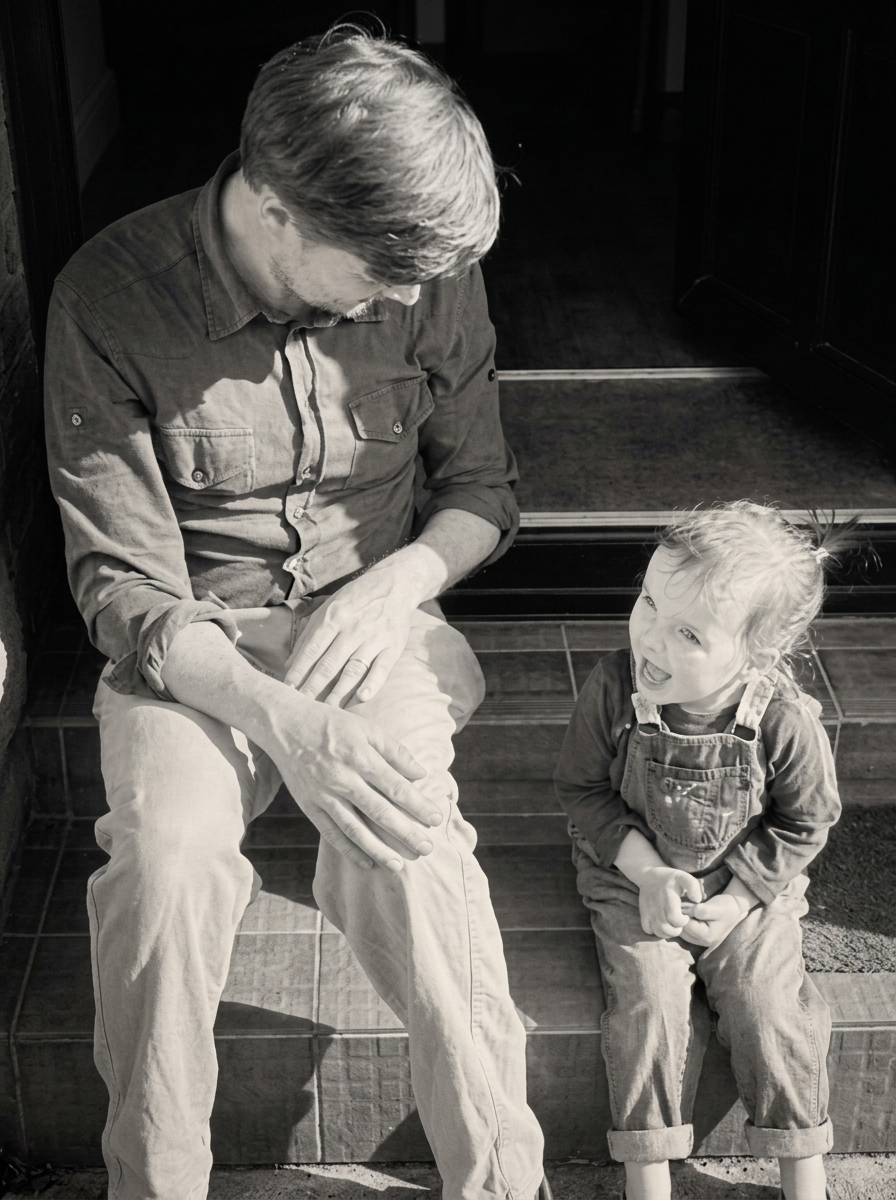 Aldo de Pape sitting on the stairs talking with his young daughter